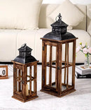 Large Farmhouse Decorative Wooden Lanterns Set of 2, Rustic Burnt Wood Floor Lanterns, Indoor/Outdoor Hurricane Lanterns for Home Decor (No Glass) by CozyNest Decor