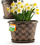 10 Inch Planter Pots for Plants, 4 Pack Plastic Large Flower Pots Indoor Outdoor, Resin Plant Pot with Drainage & Saucer, Retro Decorative Garden Pot with Removable Trays for House by CozyNest Decor