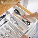 Premium Silverware, Flatware and Utensil Organizer for Kitchen Drawers, Food-Safe Contract Grade, Expandable from 16 to 28 In, White Bamboo by CozyNest Decor