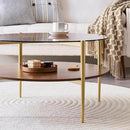 Round Coffee Table, Mid-Century Modern Design, D30 x H17, for Living Room, 2-Tier Structure, Amber Glass Top and Walnut MDF Shelf, Sleek Conical Metal Legs with Gold Finish by CozyNest Decor
