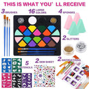 BOBISUKA Face Painting Kit for Kids - 16 Colors Water Based Body Face Paint Includes Brushes,Sponges,Glitters,Gem Sheet,Instructions,Stencils for Halloween Party Costume SFX Makeup by TinyTreasures Baby Boutique