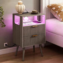 Nightstand with Charging Station and LED Lights,Modern Bedside Table with 2 Storage Drawer and Open Wood Shelf, for Bedroom and Small Spaces,Night Stand with Solid Wood Legs,GreyOak by CozyNest Decor