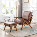 Wahson Brown Leather Mid-Century Modern Accent Chair and Ottoman Set, Retro Upholstered Armchair with Wood Frame and Removable PU Cushions, Large Leisure Slipper Chair for Living Room/Bedroom by CozyNest Decor