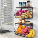 2pcs Fruit Basket Kitchen Storage Basket with Wood Lid, Stackable Wall Basket Fruit Basket for Kitchen, Countertop Organizer for Snack, Fruit and Veggie Storage, 11.8 x 7.9 x 8.5 Inch by CozyNest Decor