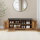 2-Tier Storage Bench, Shoe Bench with Padded Seat Cushion, Entryway Bench with 2 Barn Doors, Adjustable Shelf, 13.8" D x 39.4" W x 17.7" H, for Entryway, Living Room, Bedroom, Rustic Walnut by CozyNest Decor