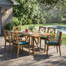 7 Pieces Acacia Wood Outdoor Dining Set with Blue Cushions
