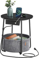 VASAGLE Side Table with Charging Station, Round End Table with Fabric Basket, Nightstand with Power Outlets, USB Ports, for Living Room, Bedroom, Modern, Ebony Black and Slate Gray ULET228B01 by CozyNest Decor