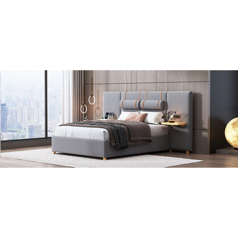 Full size upholstered platform bed with two outlets and USB charging ports on both sides, two bedside pillows, storage shelf, Velvet,Gray