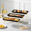 MALACASA 3 Tier Serving Trays for Party, 14 Inch Porcelain Black Trays for Serving Food, Dessert Stand with Collapsible Gold Metal Rack by CozyNest Decor