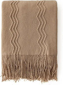 MIULEE Tan Taupe Knitted Throw Blanket for Couch Boho Textured Cozy Woven Blanket with Tassels for Sofa Chair Bed Living Room Farmhouse Home Decor Acrylic Wave Pattern 50"x60" by CozyNest Decor