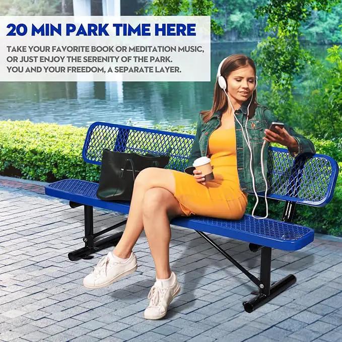 Heavy Duty Park Bench with Back Portable Frame, Outdoor Metal Park Bench with Backrest, Steel Mesh Outdoor Bench for Garden, Lawn, Patio, Porch, Park, Yard (Blue, 72.4" L x 23.2" W x 32.5" H), photo 3 of 7