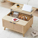 AVZEAR Wood Lift Top Coffee Table with Storage, Boho Modern Coffee Table with Nature Linen Doors & Large Hidden Storage, Rounded Corners Center Table Farmhouse Coffee Tables for Living Room, Natural by CozyNest Decor