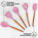 Zulay Kitchen Non-Stick Cooking Utensils Set with Authentic Acacia Wood Handles – 5-Piece Durable & Stylish Silicone Kitchen Utensils Set – Heat Resistant to 464°F – Pink by CozyNest Decor