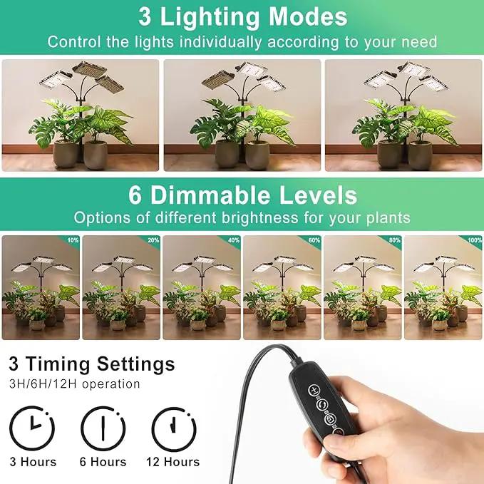 LBW Plant Grow Light, Full Spectrum Tri-Head Desk Plant Light for Indoor Plants, Growing Lamp with 3H/6H/12H Timer, 6-Level Brightness, 3 Lighting Modes, Height Adjustable, Ideal for Indoor Growth, photo 5 of 7
