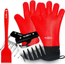 Walfos Silicone BBQ Gloves - Heat Resistant Grilling Gloves Set with Pork Shredder Claws & Brush, Non-Slip Kitchen Silicone Oven Mitt with Protective Cotton Layer, Suit for Indoor & Outdoor, Red by GreenHaven Gardens
