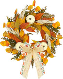 CYANBLOOM Fall Wreaths for Front Door: Rustic 20-22 Inch Bow Wreath with Golden Eucalyptus, White Pumpkins & Wheat - Lovely Warm Vibes Outdoor Indoor Farmhouse Decor for Halloween Thanksgiving Autumn by CozyNest Decor