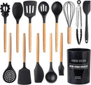 Country Kitchen Non Stick Silicone Utensil Set with Rounded Wood Handles for Cooking and Baking, 14 Piece Set, Black by CozyNest Decor