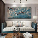 Large Canvas Wall Art for Living Room- 100% Hand-Painted Oil Painting with Texture, Extra Large Gallery Wrapped Floral Plum Blossom Tree Artwork Blue Teal Lake Wall Picture for Bedroom, Office Decor by CozyNest Decor