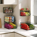 X-cosrack 2-Tier Stackable Wire Baskets for with Wood Lid, Wall Hanging Baskets for Potato and Onion Storage, Fruit Basket for Kitchen Counter, Metal Baskets for Snack Produce Cans by CozyNest Decor
