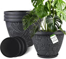 4 Pack 16 Inch Large Plant Pot for Outdoor, Plastic Flower Pot Indoor with Drainage Hole & Saucer, Modern Decorative Garden Pot, Imitation Magnolia Garden Pots for House Planters（Gray） by CozyNest Decor