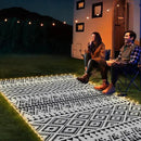 6x9ft Waterproof Outdoor Rug with LED Lights, Bohemia Reversible Plastic Straw Mat for Patio RV Camping Picnic Balcony Beach Deck Indoor Outdoor Carpet, Black&White by CozyNest Decor