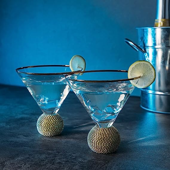 Diamond Studded Martini Glasses Set of 2 - The Wine Savant - Gold Rimmed Modern Cocktail Glass, Rhinestone Diamonds With Stemless Crystal Ball Base, Bar or Party 10.5oz, Swarovski Style Crystals