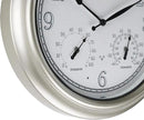 CLXEAST 18 Inch Illuminated Outdoor Indoor Atomic Analog Wall Clock with Temperature & Humidity Combo, Lighted Outdoor Clocks for Patio Large Waterproof with Thermometer, Modern Morning Silver/Gold by CozyNest Decor