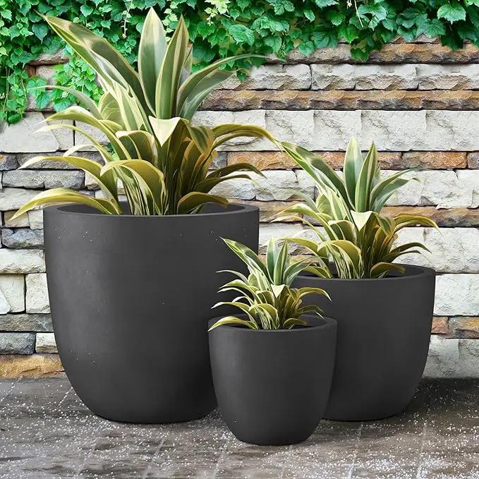 Kante 18",14",10" Dia Concrete Round Planters (Set of 3), Outdoor Indoor Large Planter Pots with Drainage Hole and Rubber Plug for Home Patio Garden, Black, photo 6 of 8