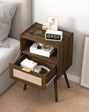 Rattan Nightstand,Modern Bedside Table with Storage Drawer and Open Wood Shelf, for Living Room, Bedroom and Small Spaces, Accent Night Stand with Solid Wood Legs, Easy Assembly,Walnut Brown by CozyNest Decor