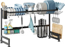 2 Tier Extra Large Stainless Steel Expandable Over The Sink Dish Drainer Drying Rack, Rust Proof Metal, Space Saving, Modern Black Big Capacity Extendable Plate Strainers Above Kitchen Counter by CozyNest Decor