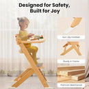 High Chair for Babies and Toddlers, Wooden Highchair with Adjustable Seat & Convertible Footrest Heights, Baby Feeding Chair with Safety Harness & Removable Double Layer Tray by TinyTreasures Baby Boutique