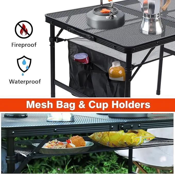 Folding Grill Table, 3x2 FT Portable Camping Table, Height Adjustable Metal Tables with Mesh Desktop and Mesh Bag, Outdoor Furniture for Camping, Picnic, Beach and BBQ, Black, photo 3 of 7
