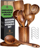 8 Pcs Teak Wooden Utensil Set with Holder, Spoon Rest & 6 Hooks - Durable Wooden Spoons for Cooking with Comfort Grip - Effortless Clean, Non-Stick Friendly