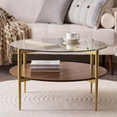 Round Coffee Table, Mid-Century Modern Design, D30“ x H17”, for Living Room, 2-Tier Structure, Clear Glass Top and Walnut MDF Shelf, Sleek Conical Metal Legs with Gold Finish by CozyNest Decor