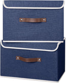 ANMINY 4PCS Storage Bins with Lid PU Leather Handles Storage Boxes PP Plastic Board Decorative Foldable Lidded Cotton Linen Fabric Home Cubes Baskets Closet Organizer Containers - Blue, Large Size by TinyTreasures Baby Boutique