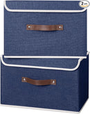 ANMINY 2PCS Storage Bins with Lid PU Leather Handles Storage Boxes PP Plastic Board Decorative Foldable Lidded Cotton Linen Fabric Home Cubes Baskets Closet Organizer Containers - Blue, Large Size by TinyTreasures Baby Boutique