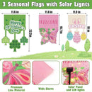 3 Set Seasonal Garden Flags with 8 Modes Solar LED Double Sided 12 x 18 Inch Small Yard Flags Outdoor Lighted Welcome Spring Easter St. Patrick's Day Clover Garden Decor for All Seasons by GreenHaven Gardens
