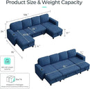 LINSY HOME Sectional Sleeper Sofa with Pull Out Couch Bed - Convertible Plush Corduroy Cloud Couch with Storage Chaise & USB Charging, Comfy U Shaped Modular Couches for Living Room, Blue by CozyNest Decor