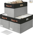 Large Collapsible Fabric Storage Bins with 3 Handles, Foldable Organizer Baskets for Closet, Shelves, Living Room | 3 Pack, Durable PU & Metal Handles (17"x11.8"x11.8", Black & Gray) by TinyTreasures Baby Boutique