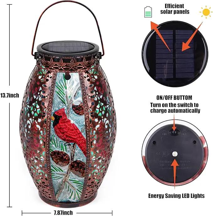 Outdoor Solar Lantern-Waterproof Cardinal Hanging Metal Decorative Lights for Patio Table Garden Pathway Yard with Super Bright Warm White LED, Large Solar Panels, Auto On/Off Sensor, photo 4 of 6