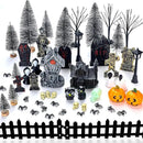 56 Pcs Halloween Village Accessories Set Halloween Haunted House Village Set Miniature Tombstones Tree Fake Spiders Fence Streetlamp Figurines for Home Table Party Decor by CozyNest Decor