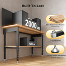 60" Work Bench Adjustable Height with Storage Shelf, Max Load 2000 LBS Heavy Duty Rubberwood Tabletop with Pegboard, LED Light, Built-in Power Strip for Woodworking Shop, Garage, Home by GreenHaven Gardens