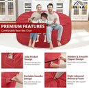 5FT Bean Bag Chair, Large Bean Bag Chairs with Memory Foam Filled, Fluffy Beanbag Sofa with Dutch Velvet Cover, Round BeanBag Chairs for Living Room, Playroom - Red by TinyTreasures Baby Boutique