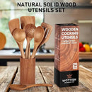 Wooden Spoons for Cooking - 8-Piece Wooden Kitchen Utensil Set made of Natural Solid Wood Material - Includes Spoons, Spatulas, Ladles, Strainer Spoon, Salad Fork, Mixing Spoon and Utensil Holder by CozyNest Decor