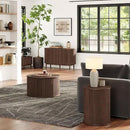 LINSY HOME Round Fluted End Table, Tall Side Table with Sliding Tambour Door and Storage Shelf, Modern Bedside Table, Mid-Century Nightstand for Living Room, Bedroom, Walnut by CozyNest Decor