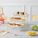 MALACASA 3 Tier Serving Trays for Party, 12 Inch Porcelain White Trays for Serving Food, Dessert Stand with Collapsible Gold Metal Rack by CozyNest Decor