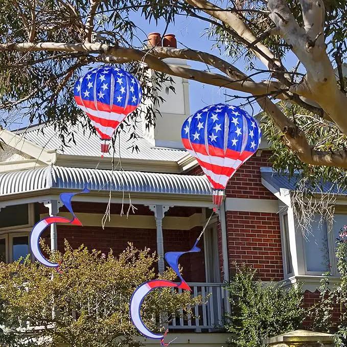BATTIFE 2Pcs Patriotic Hot Air Balloon Wind Spinner, American Flag Kinetic Wind Twister with Tail, Outdoor Spiral Windmill Garden Yard, 4th of July Hanging Decoration, photo 6 of 9