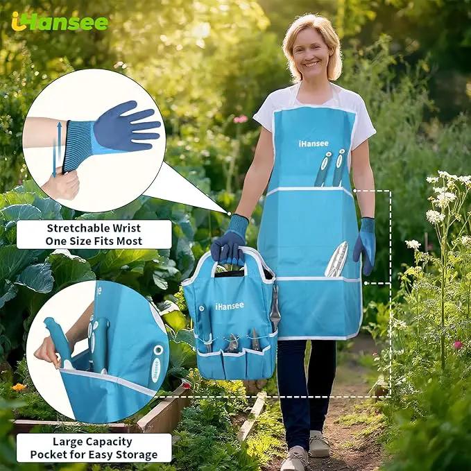 Blue Garden Tool Sets 12-Piece, Aluminum Gardening Hand Tools w/Ergonomic Handle, Garden Supplies Organizer Handbag, Kneeling Pad, Apron and Gloves, Gift for Women, Garden Starter Kit for Women, photo 5 of 7