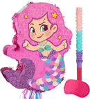 WERNNSAI Foldable Mermaid Pinata - Pull String Mermaid Birthday Party Supplies Extendable Mermaid with Blindfold Bat and Tassels Mermaid Party Decoration Folding Mermaid Girl Piñatas for Game by TinyTreasures Baby Boutique