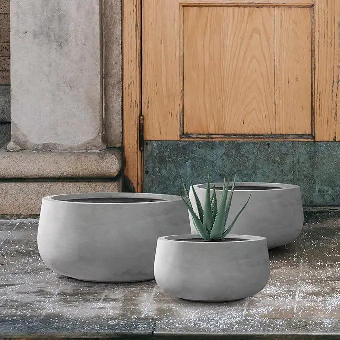 Kante 19.6",15.7",11.8" Dia Round Concrete Planters Set of 3, Outdoor Indoor Garden Plant Pots with Drainage Hole and Rubber Plug, Modern Curvaceous Design, Natural Concrete, photo 5 of 8